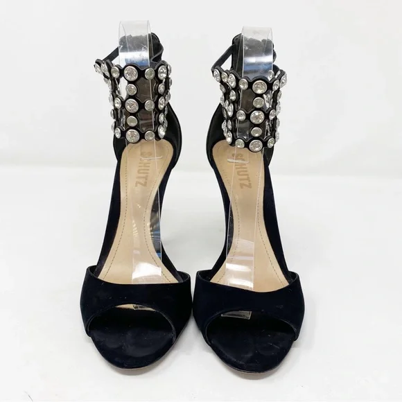 Schutz Size 6B Black Stiletto Heel Sandals with Bejeweled Rhinestone Ankle Strap - Picture 5 of 10
